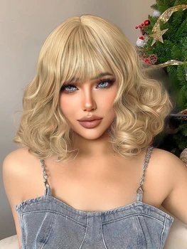 14Inch Blondinė Spalvos Sintetiniai Perukai Su Trenksmu Trumpas Gamtos Banguotų Plaukų Perukas Moterų Kasdienio Naudojimo Cosplay Drag Queen Atsparus Karščiui