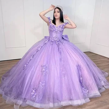 ANGELSBRIDEP Alyvinė Kamuolys Suknelė Quinceanera Suknelės Didelis Lankas 3D Gėlių Appliques Pelenė 16 Princesė Chalatai Vestidos De Anos 15