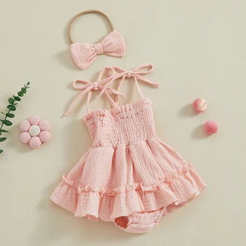 Bamblys Baby Girl Vasaros Romper Suknelė vientisa Spalva Rankovių Reguliuojamas Diržas per Petį Jumpsuit su Lankelis