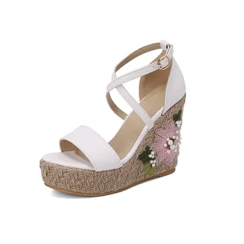 Didelio dydžio Negabaritinių Didelis dydis aukštos pleišto sandalai moteriški batai su dizaino Mados sandalai su kulnais gėlės, paprastas ir elegantiškas
