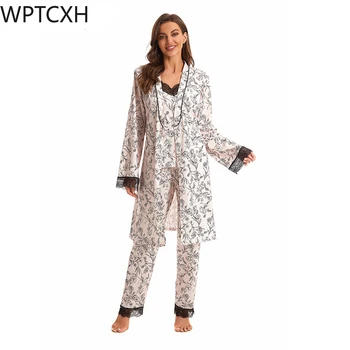 Iki 2023 M. Rudens Žiemos Europos Amerikietiško Stiliaus Moteris Medvilnės Pižama Apynasrio Vest Chalatas Ilgas Kelnes Trijų Dalių Rinkiniai Namų Drabužiai Pižama