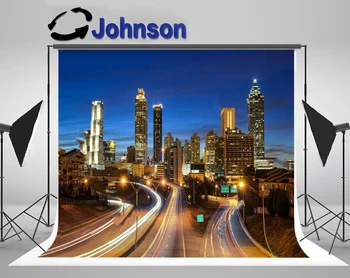 JOHNSON Atlanta Downtown Miesto Panorama Per Twilight Blue Night Kelių fonas Aukštos kokybės Kompiuteris spausdinti vaizdingas fonas