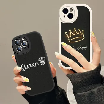 Karalius ir Karalienė Pora Telefono dėklas Sunku Odinis iPhone 14 13 12 Mini 11 14, Pro Max Xs X Xr 7 8 Plius Fundas