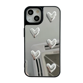 Korėjos INS Sidabro Electroplated Veidrodis Metalo Širdis Chic Case for iPhone 14 13 Pro Max Galinį Telefono Dangtelį 12 11 Pro Max 