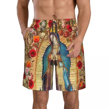 Our Lady Of Gvadalupės Mergelės Marijos Katalikų Meksika Plakatas vyriški Paplūdimio Šortai Fitneso Greitai-džiovinimo maudymosi kostiumėlį Juokinga Street 3D Šortai