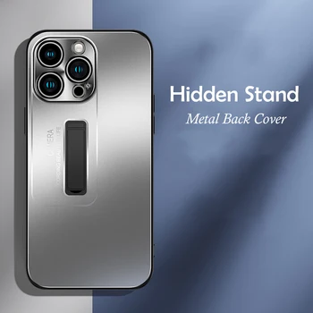Paslėptas Stovas Metalinis Telefono Dėklas Skirtas IPhone 13 14 15 Pro Max Plus Soft Kadro Objektyvas Gynėjas Atsparus Smūgiams Laikiklis Aliuminio Galinį Dangtelį