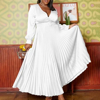 Rudenį Afrikos Maxi Suknelės Moterims, Elegantiškas Afrikos ilgomis Rankovėmis V-kaklo, vientisos Spalvos Šalies Vakarą Klostyti Suknelė Afrikos Drabužiai